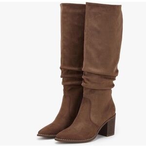 Huiyuzhi Knee-High Slouch Boots – Tan Faux Suede – Block Heel – Size 7.5